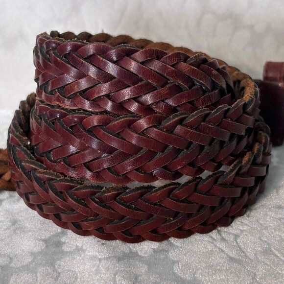 Vintage Leather Belt Unisex M/L Brown Braided Gold Tone Buckle Made In Uruguay - Picture 4 of 7